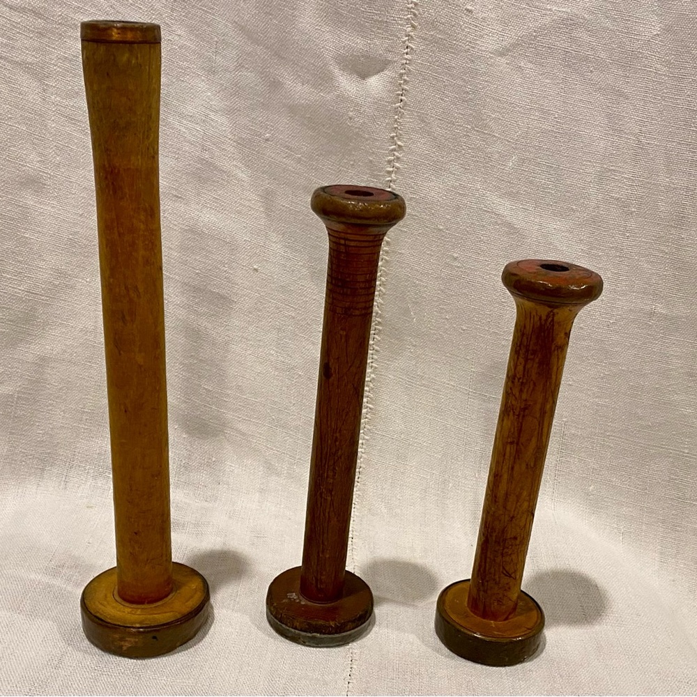 Set of three Vintage wooden industrial spools / bobbins - decorative